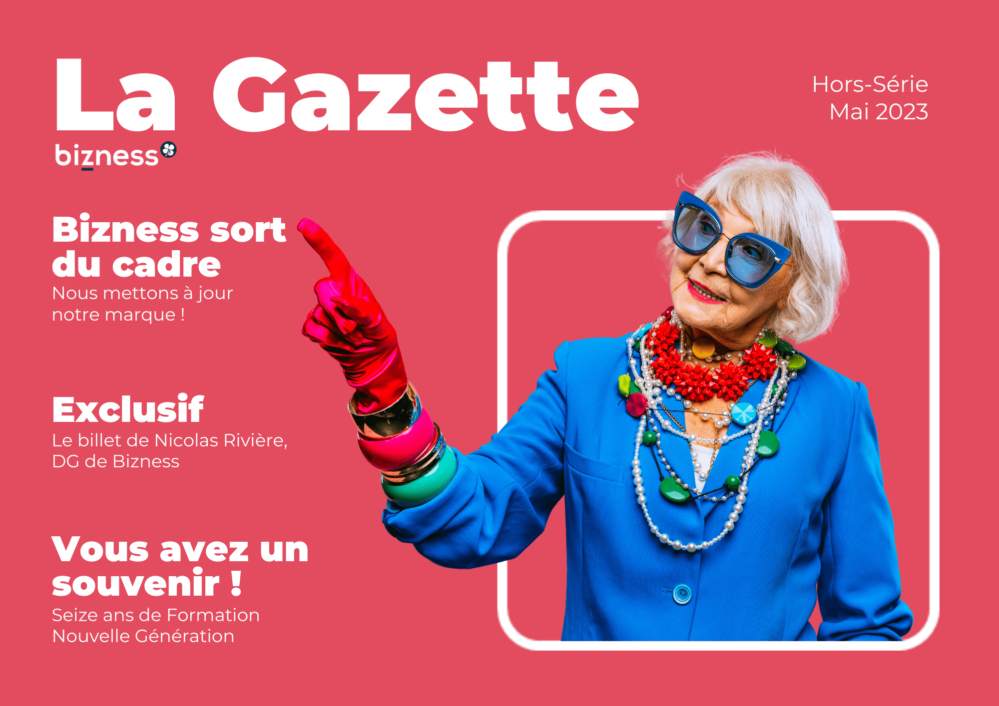 Page de couverture de la Gazette. Mamie gant rouge dans un cadre blanc.