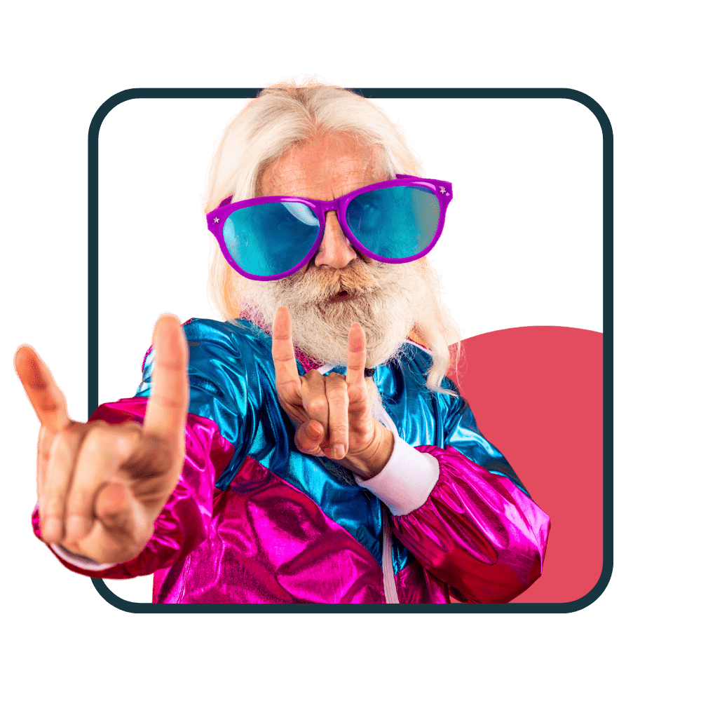 Papi avec grosses lunettes, jogging fluo doigts en l'air dans cadre bleu et rond corail