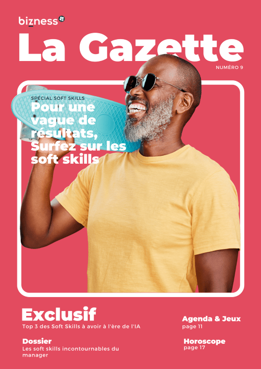 couverture magazine la gazette aec homme et planche de skate bleue à la main et tee shirt jaune qui sourit.