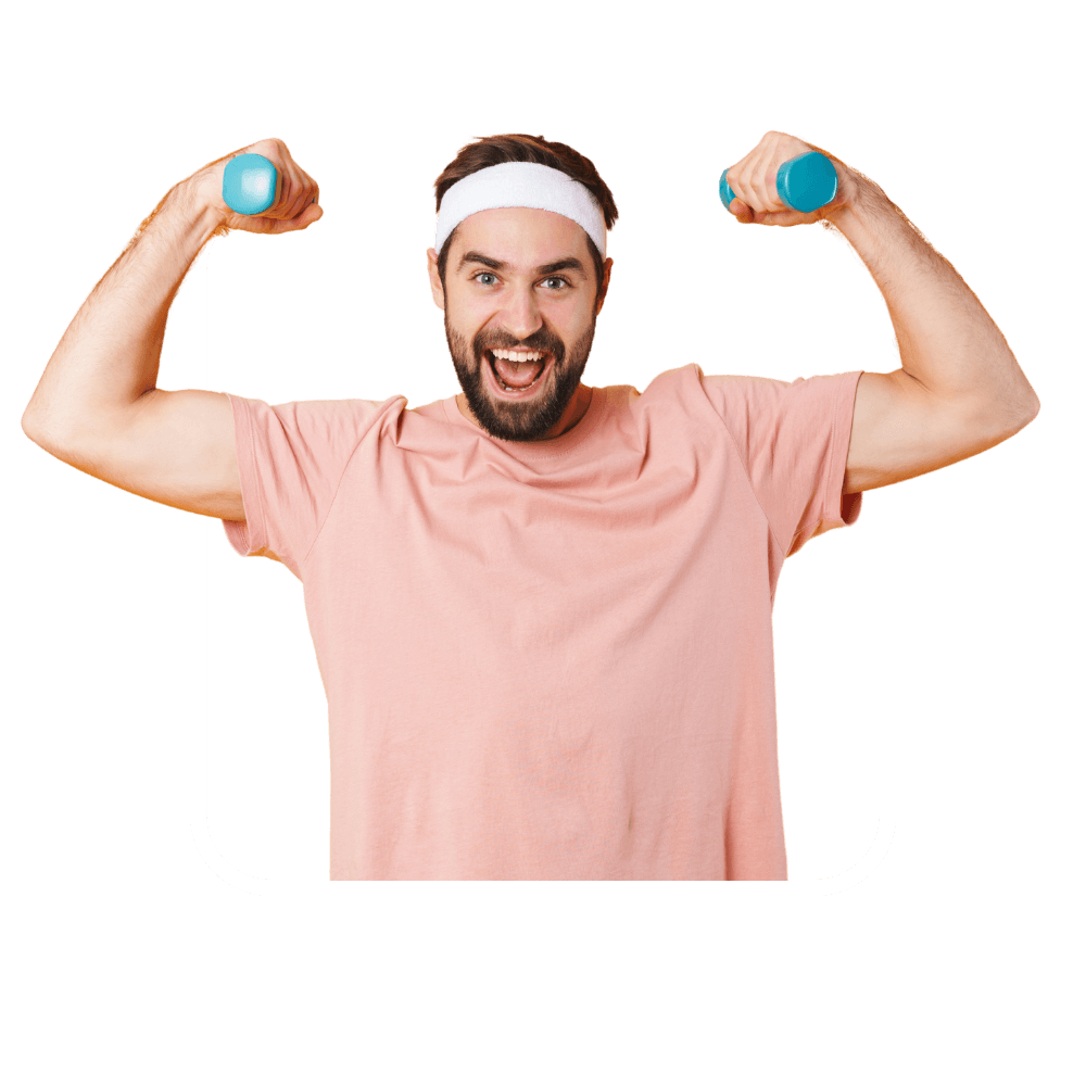 Homme avec des altères et un tee-shirt rose sur un cadre blanc et fond transparent