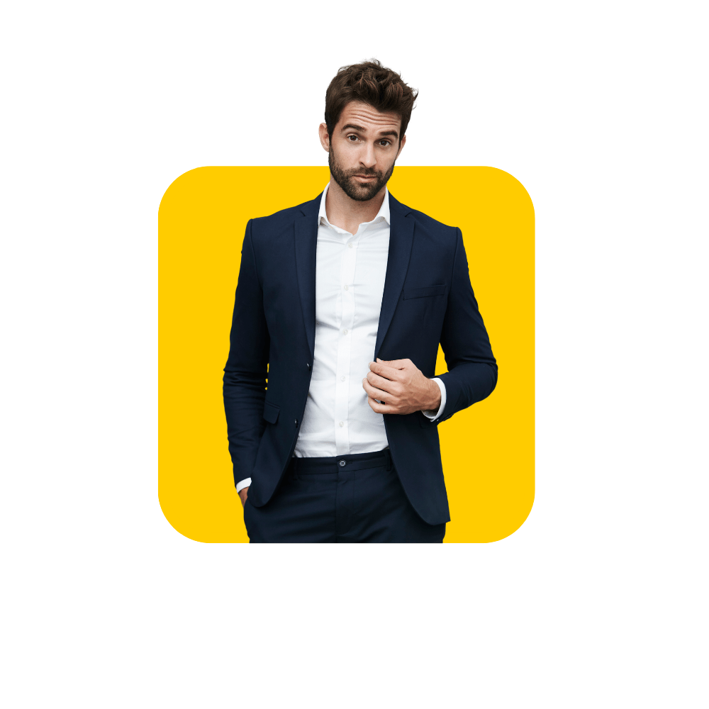 Homme en costume bleu marine sur fond jaune