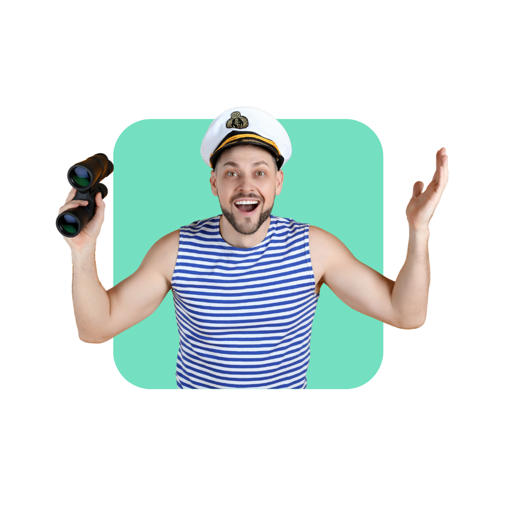 Homme marin avec chapeau de capitaine et jumelles sur fond vert