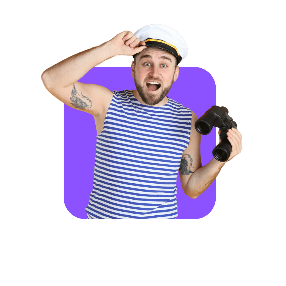 Capitaine marine avec jumelles sur fond violet - comment améliorer l'expérience client