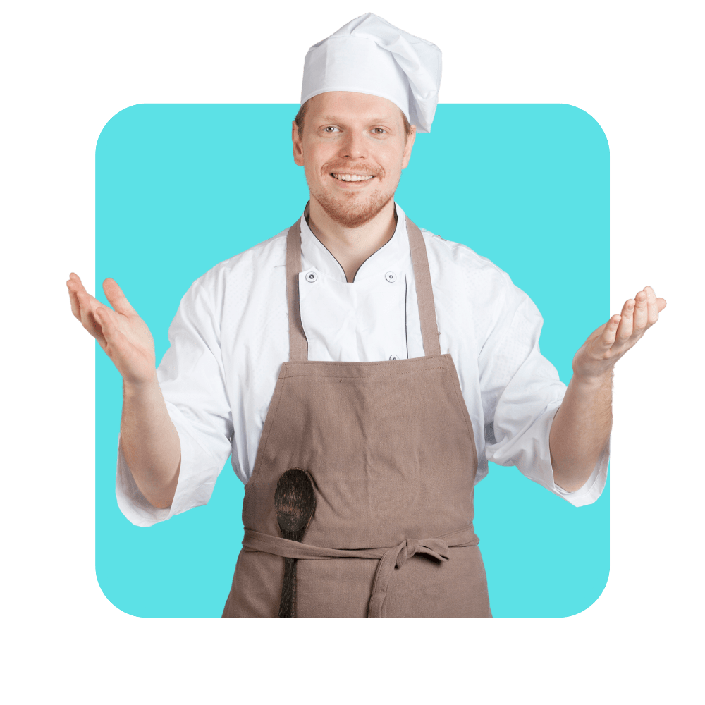 Chef de cuisine avec tablier écru sur fond bleu - outils de fidélisation clients