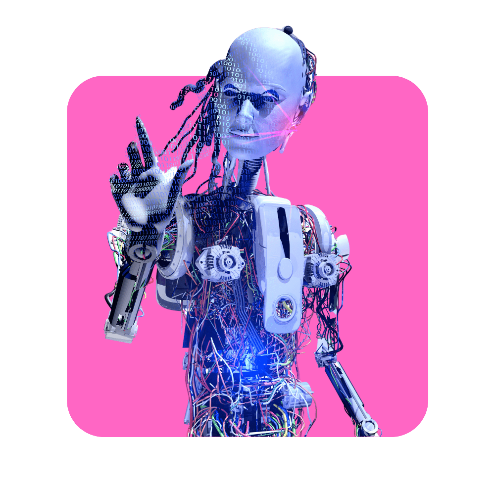 Robot pointant du doigt sur fond rose
