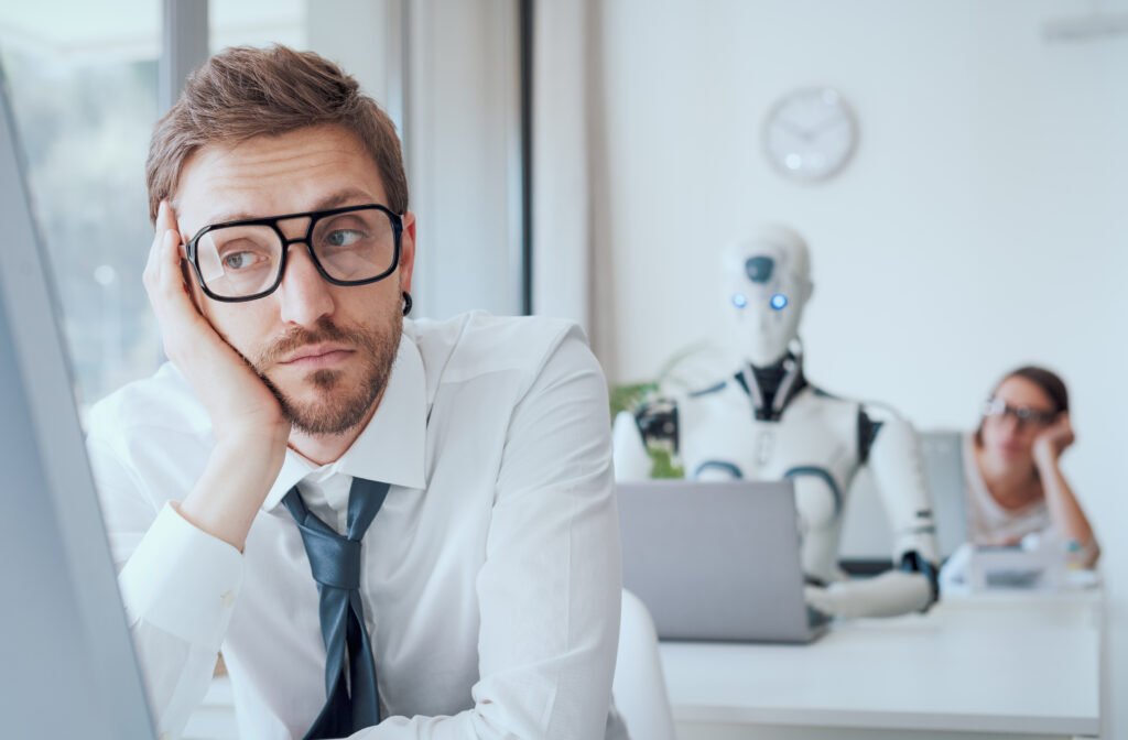 homme en costume la main sur le visage qui s'ennuie devant un oridnateur - digitaliser la formation