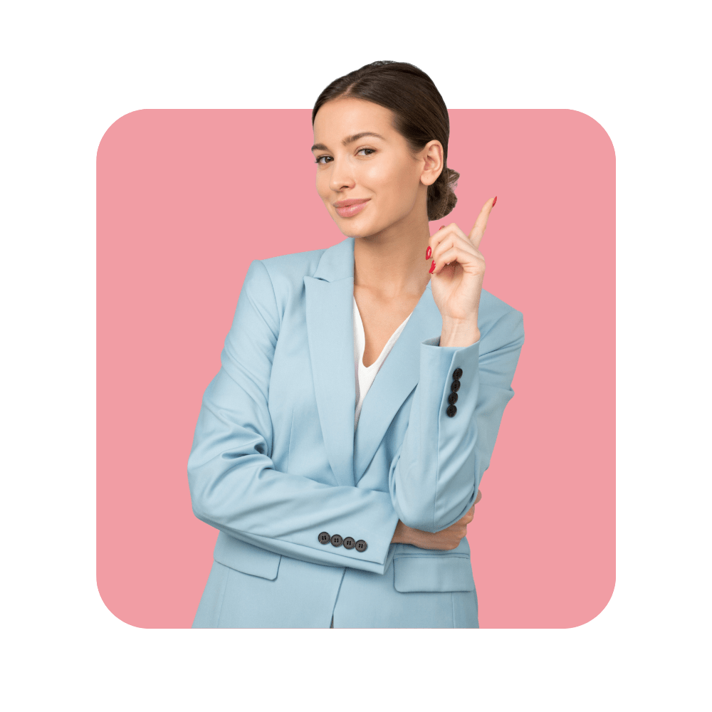 Femme avec veste de tailleur bleu claur doigt en l'air - améliorer la relation usager