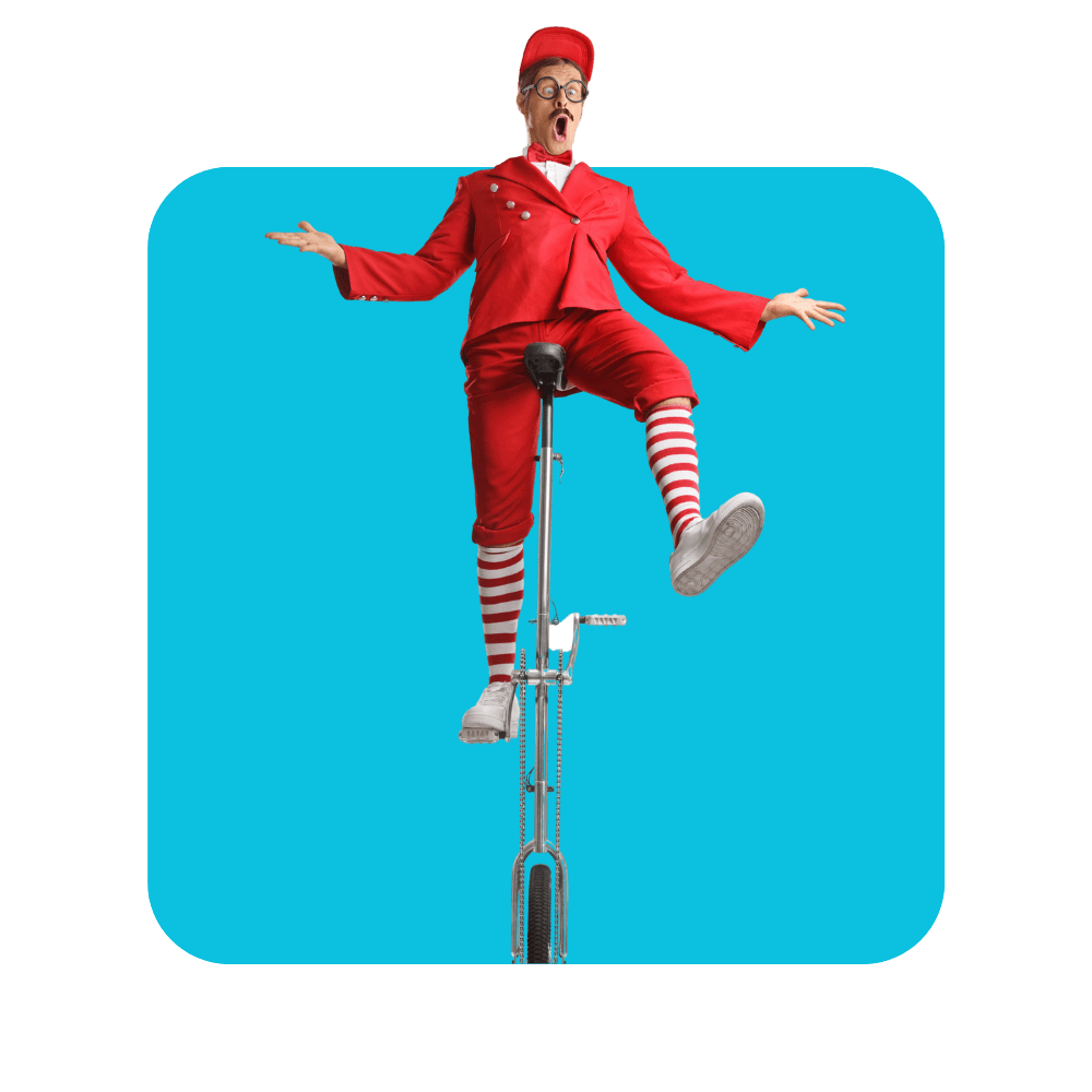 acrobate en rouge chaussettes rayées sur un monocycle sur fond bleu