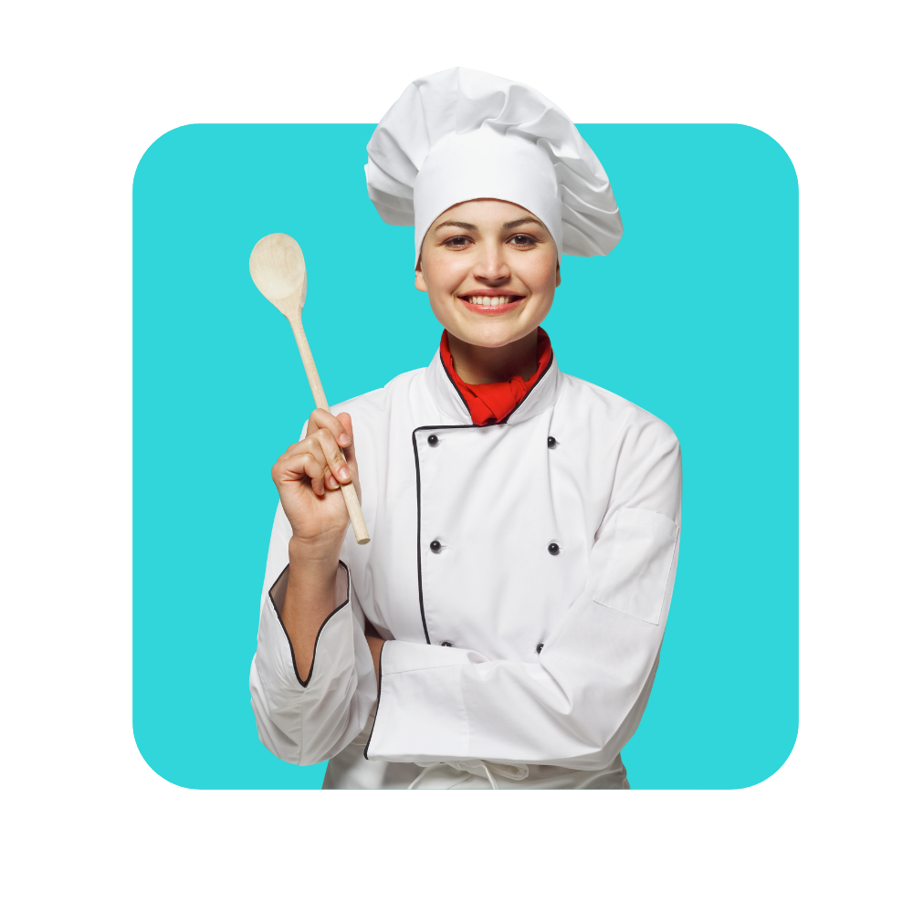 Femme en tenue de chef cuisine avec cuillère en bois à la main sur fond bleu turquoise - hybrider pour mieux former