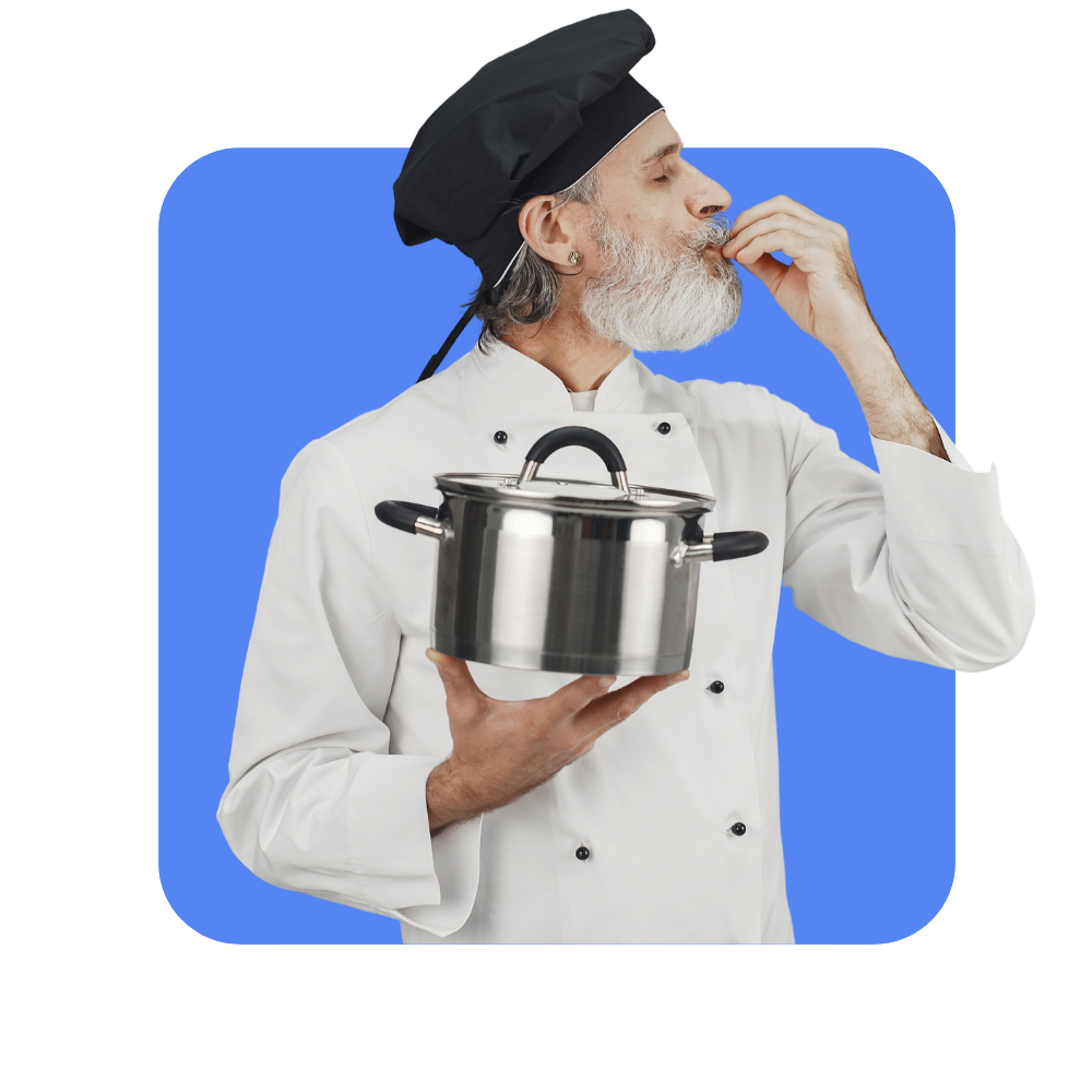 Chef cuisine toque noire, bluse blanche marmite à la main sur fond bleu