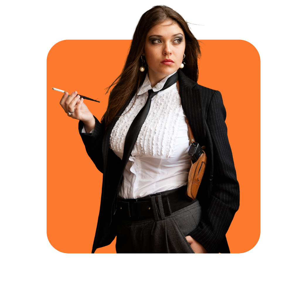 Femme avec chemise blanche et costume noir avec une cigarette à la main sur fond orange - gérer les conflits et communication
